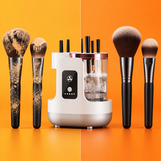 Makeup brushes before and after cleaning with the electric brush cleaner