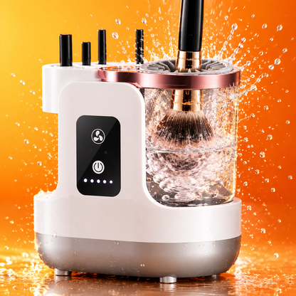 Electric makeup brush cleaner spinning a brush with water droplets in mid-air
