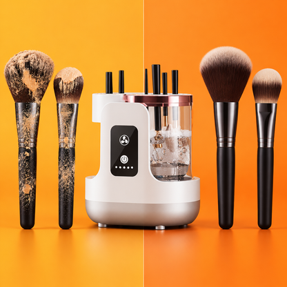 Makeup brushes before and after cleaning with the electric brush cleaner