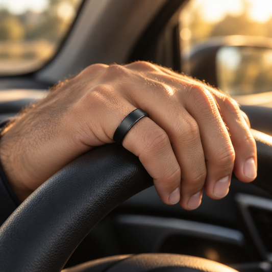 Black Uhoofit R10 smart ring worn on a man's hand at the steering wheel