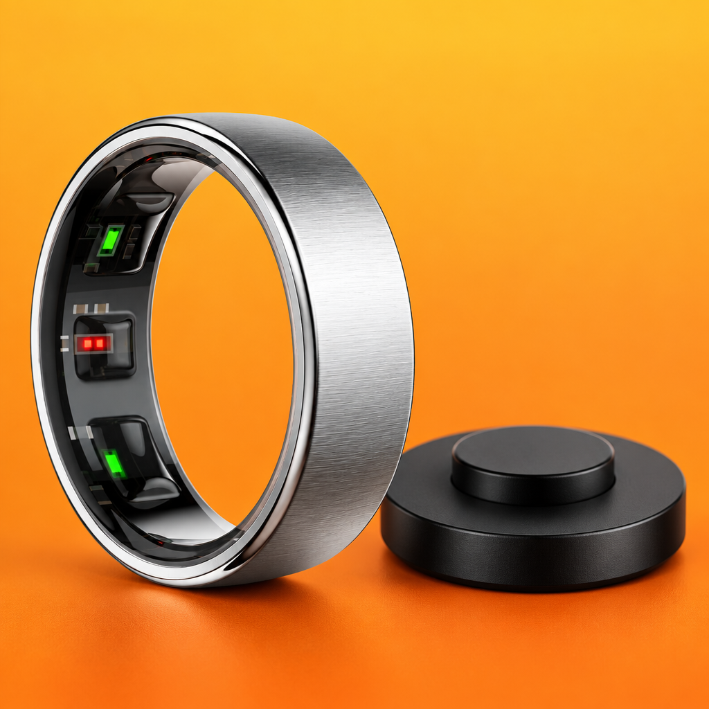 Uhoofit R10 smart ring in brushed silver beside its black charging dock