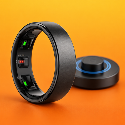 Uhoofit R10 smart ring in matte black with its charging dock