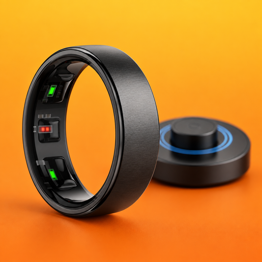 Uhoofit R10 smart ring in matte black with its charging dock