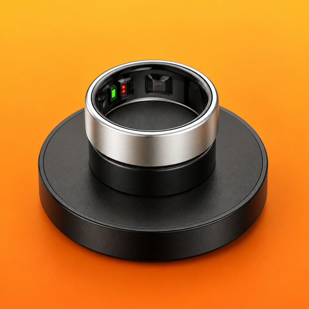 Uhoofit R10 smart ring in brushed silver seated in its charging dock