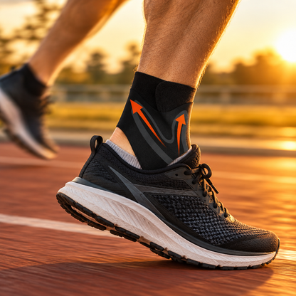 Compression ankle brace worn while running on a track