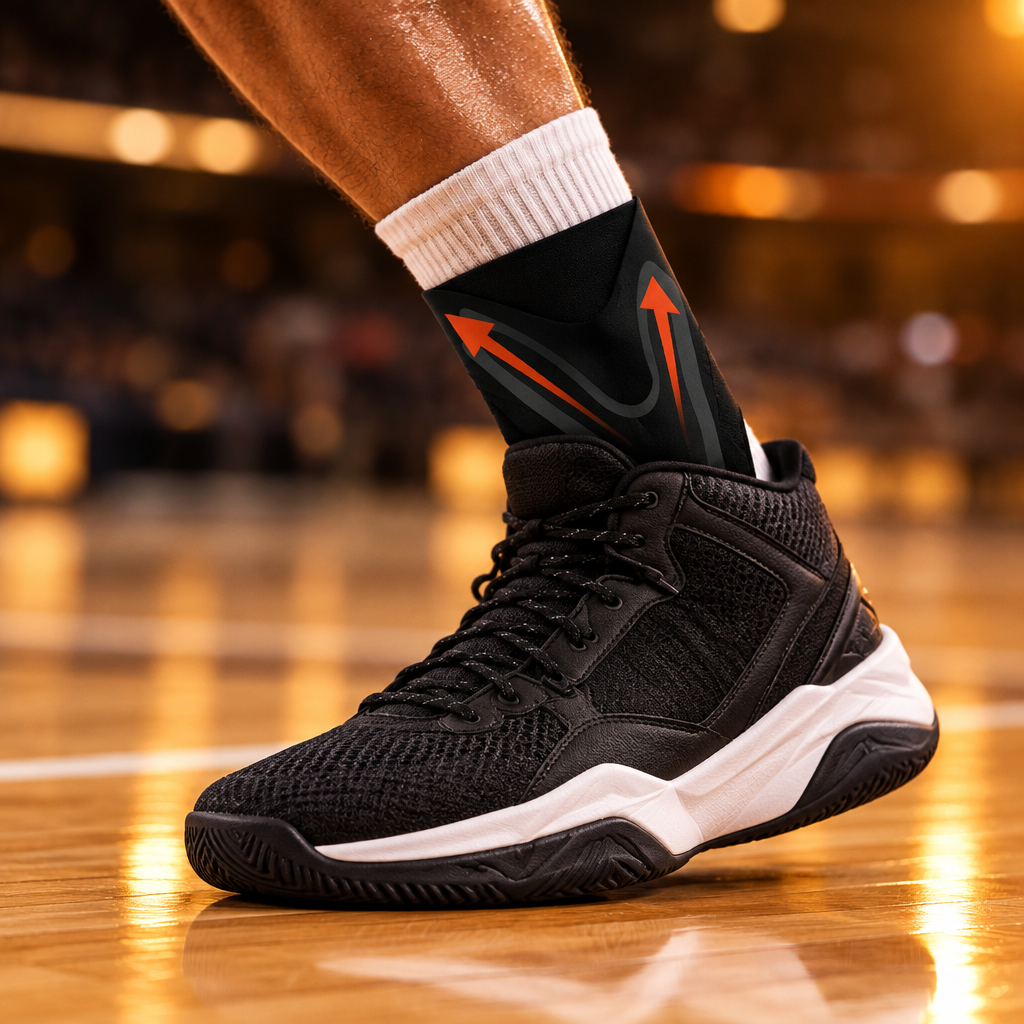 Compression ankle brace worn on a basketball court