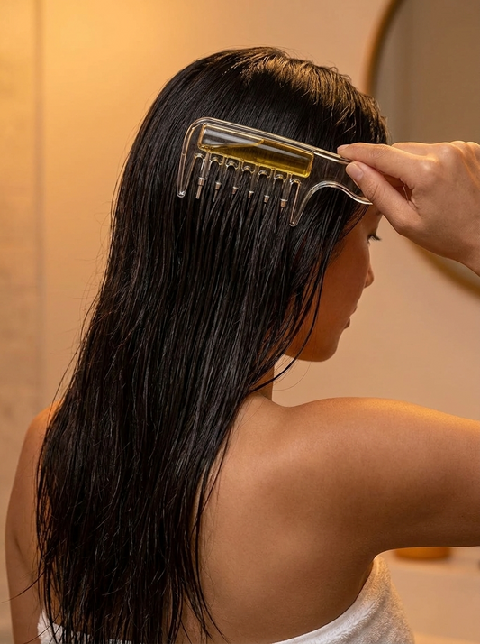 Scalp applicator comb in use