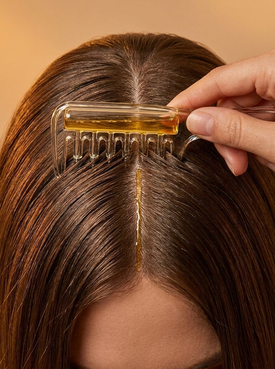 Scalp applicator comb in use