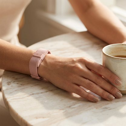 Smart bracelet worn on a woman's wrist